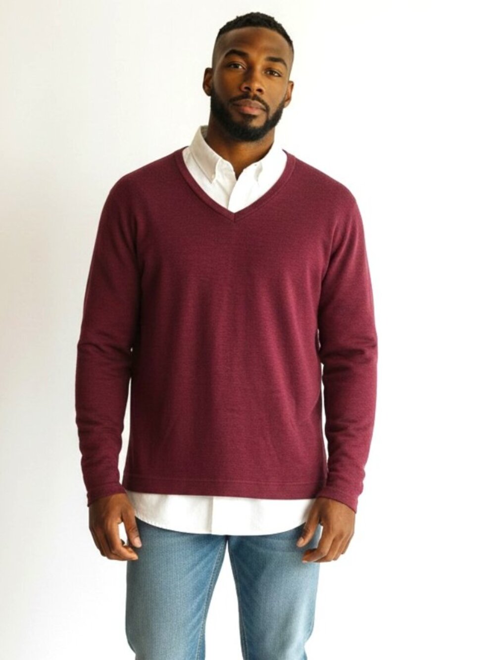 J.Crew Vintage Fleece Classic V Neck Sweater in Red Cranberry Wine